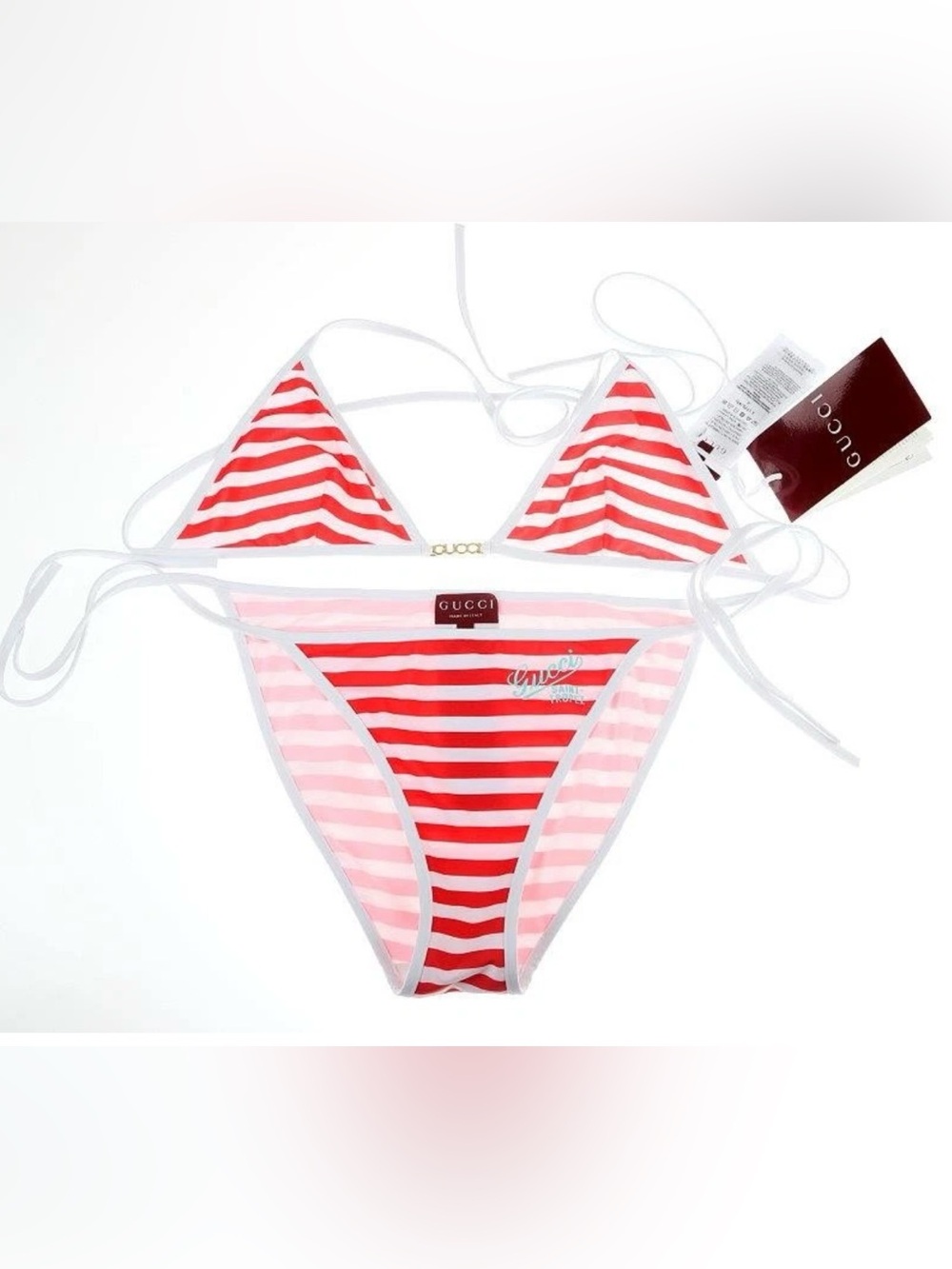 NEW GUCCI SAINT TROPEZ METAL SIGNATURE LOGO 2PC TRIANGLE BIKINI SWIMSUIT MEDIUM